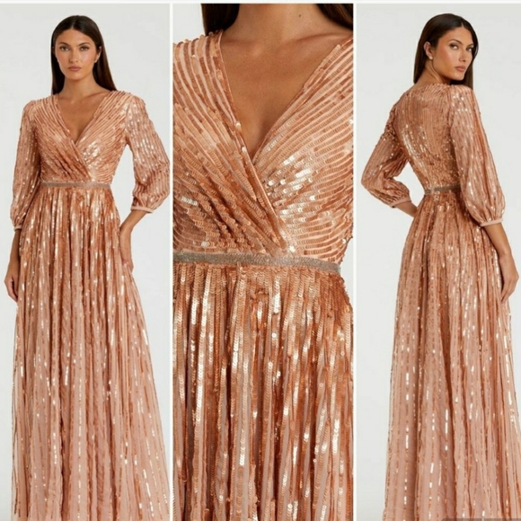 Mac Duggal NWT Apricot Sequin Wrap Over V-Neck Maxi Dress Size 10 #5509 - Picture 1 of 9